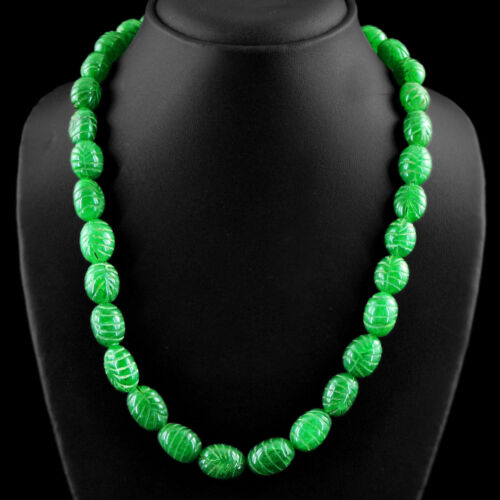 489.00 CTS EARTH MINED OVAL CARVED RICH GREEN EMERALD BEADS HAND MADE NECKLACE