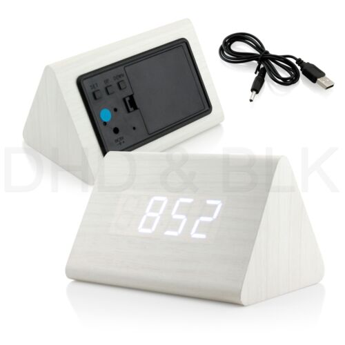 Classical Triangular Blue Digital LED Wood Wooden Desk Alarm Clock Thermometer