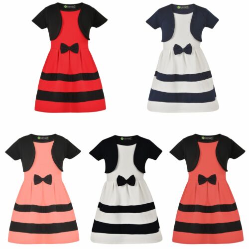 Girl Dress Bolero Outfit Short Sleeve Textured Bow Stripes Top Party Skirt 1-14Y