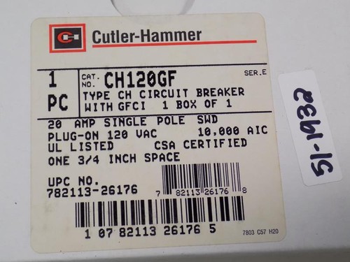 CUTLER HAMMER 20AMP SINGLE POLE CIRCUIT BREAKER CH120GF