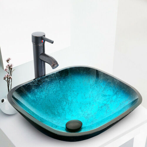 24/" Vanity Bathroom Set Sink Cabinet Vessel Glass Ceramic W// Faucet Combo Wall