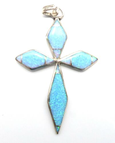 Blue Green Manmade Opal Details about  / Handmade Opal Inlay Sterling Silver Cross Pendant