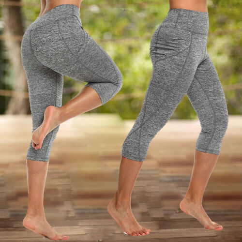 Womens Plus Size Capri Yoga Pants Leggings Pocket Gym Finess Running Workout O