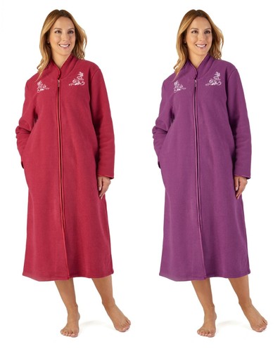 Slenderella Women/'s Zip Dressing Gown Soft Boucle Fleece Embroidered Housecoat