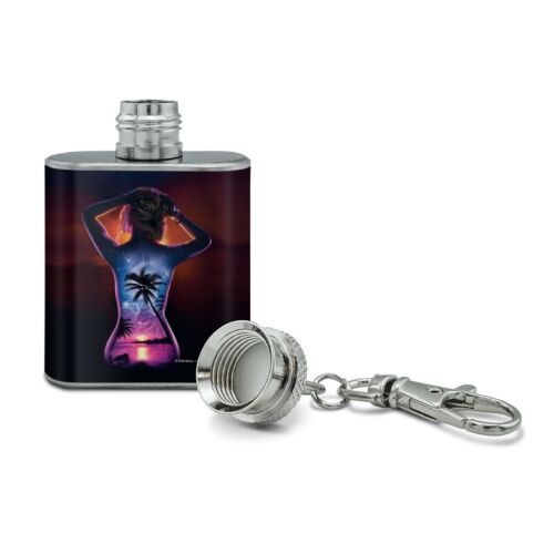 Tropical Sunset Paradise on Woman's Back Stainless Steel 1oz Flask Key Chain 