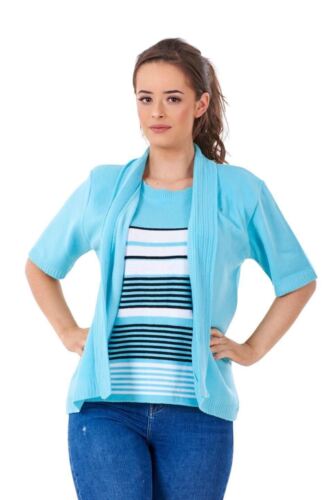 Ladies New Twin Set Striped Short Sleeve Crew Neck Knitted Cardigan Jumpers S-XL 
