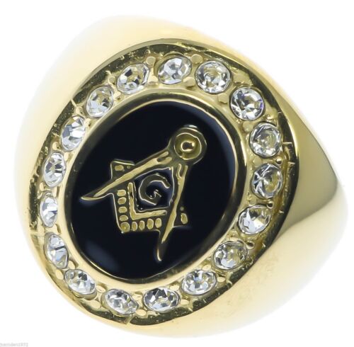 Masonic Mason Oval Black Enamel men/'s 17 cz Ring 18K yellow gold overlay size 13