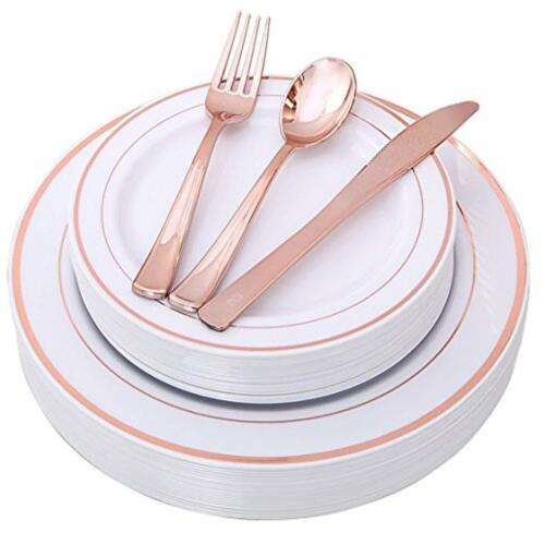 Elegant Tableware 100 Pcs Details about   Rose Gold Plates with Disposable Plastic Silverware 