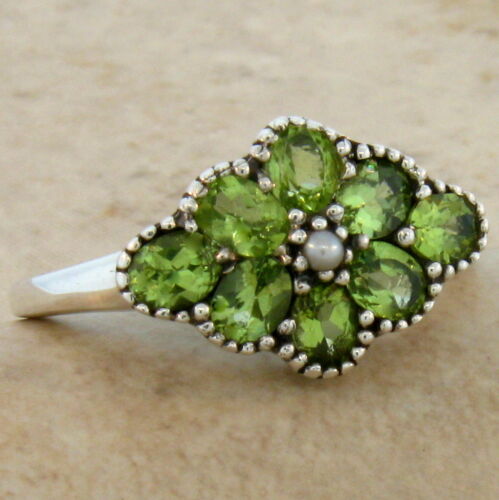 #419 GENUINE PERIDOT PEARL ANTIQUE VICTORIAN STYLE .925 STERLING SILVER RING 
