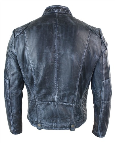 Mens Blue Washed Jacket Zip Biker Vintage Distressed Retro Casual Real Leather