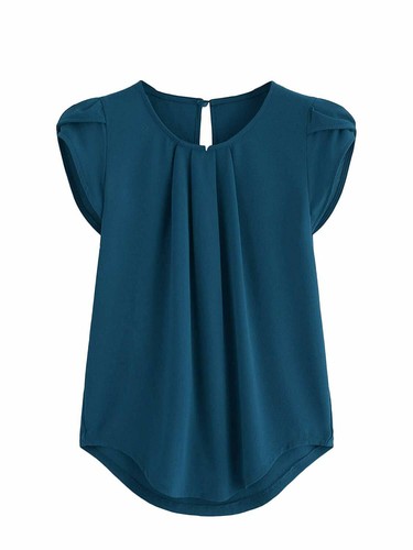 Milumia Women/'S Casual Round Neck Basic Pleated Top Cap Sleeve Curved Keyhole Ba