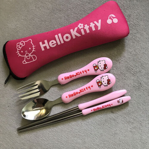 4pcs Cute Pink Hello Kitty Tableware Set Chopsticks Fork Spoon Storage Pouch