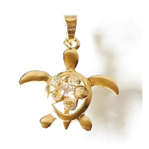 14K Solid Yellow Gold Hawaiian Turtle with CZ Pendant//charm C1931-10