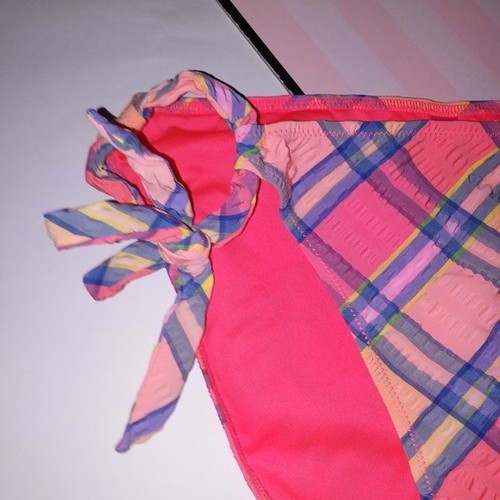 Victoria Secret Swim Suit Bikini Bottom Orange Blue Plaid Side Tie