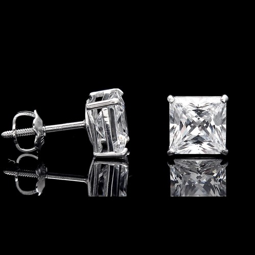 4.00CT Princess Created Diamond Square Stud Earrings 14K White Gold Screw-Back