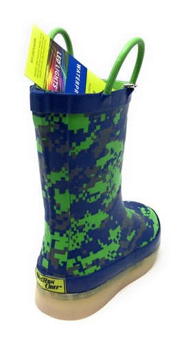 Western Chief Kids Rechargeable LED Rain Boot Digital Green Camo Toddler Size 9
