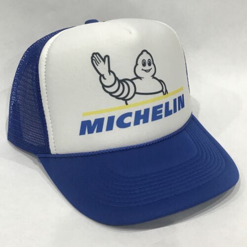 Michelin Man Tire Trucker Hat Vintage Snapback Blue Mesh Cap Script Logo