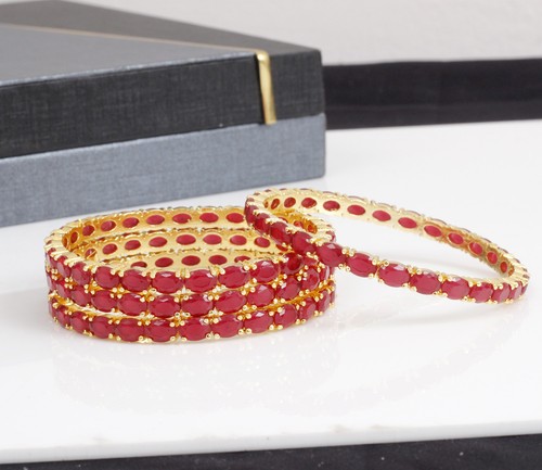 Indian Bollywood Plaqué Or AD Ruby 4 Bracelets Set Bracelets Party Wear Jewelry