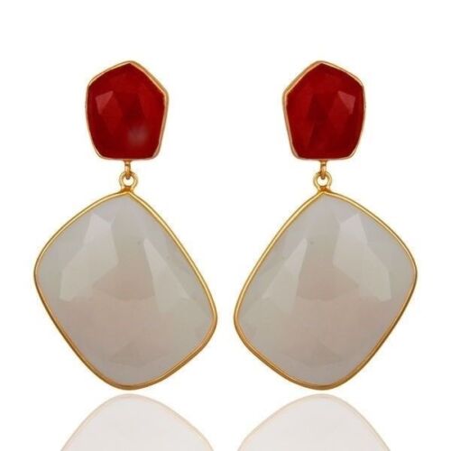 White Chalcedony Red Gemstone 925 Silver Gold Plated Drop Earrings Jewelry 