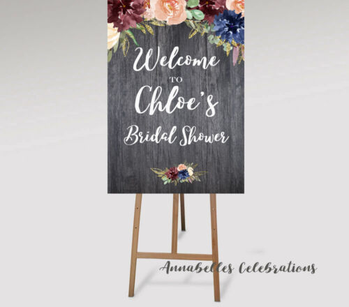 Printable Welcome Sign Hens Baby Shower Wedding Bridal Burgundy Blue Rustic Wood