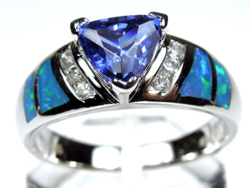 Trillion Tanzanite /& Blue Fire Opal Inlay 925 Sterling Silver Ring Size 6,7,8,9