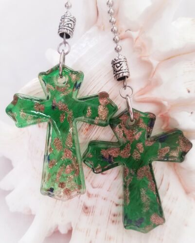 Large Green and Gold Glass Cross Ceiling Fan Pull Chain Pair