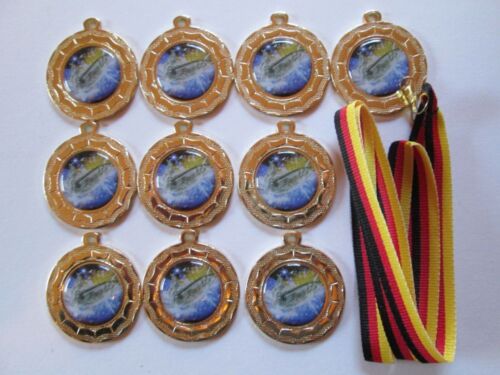 10 Angler-Medaillen mit farbigen Emblemen und Deutschland-Bändern 