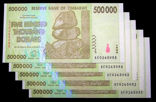 500,000 5 x Zimbabwe 500000 Dollar banknotes-paper money currency-About UNC