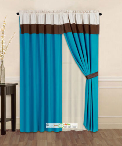 4-Pc Striped Solid Modern Curtain Set Turquoise Brown Beige Valance Liner Drape 