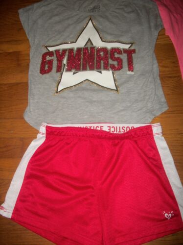JUSTICE 2 PC DANCE OR GYMNAST TOP & SHORTS SET GIRLS ACTIVE OUTFIT SZ 12 14 