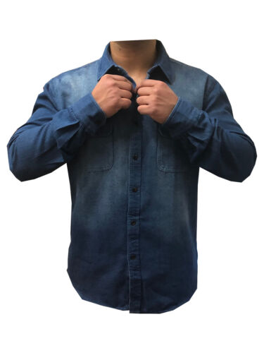 Mens New Heavy Duty Denim Jeans Shirt Cotton Work Causal Flap Pocket Top Shirts 