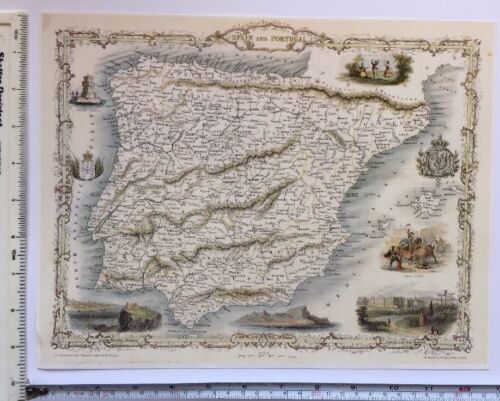 Tallis Reprint Old Historic Antique vintage colour map 1800s Spain /& Portugal