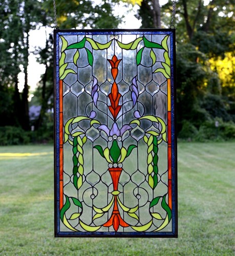 Handcrafted Jeweled stained glass window panel 20.5/"W x 34.5/"H