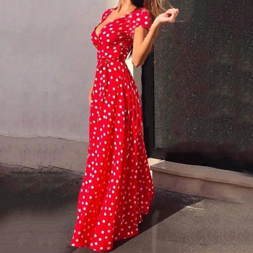 Boho Women Summer Holiday Polka Dot Maxi Dress V-neck Long Shirt Dress Size 6-24