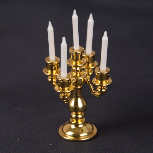 Maßstab 1/12 Miniatur Gold Kandelaber 5weiße Kerzen Dollhouse Küche Spielzeug CN 