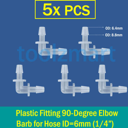 5x Plastic 90-Deg Elbow 1//2//4//6//8//10//12//16mm Hose Barb Fitting Connector Adapter