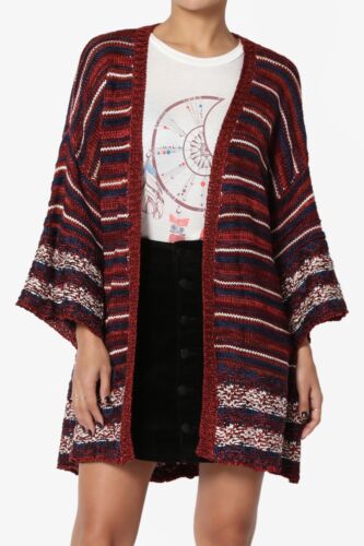 TheMogan Multi Color Striped Knit Kimono 3//4 Sleeve Open Front Sweater Cardigan