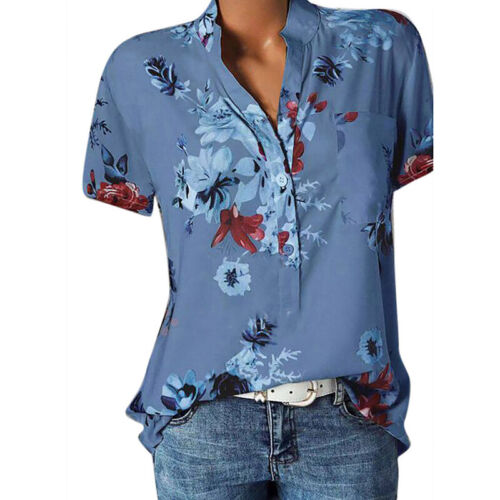Plus Size Womens Summer Floral Buttons Shirts Short Sleeve Blouse Tee Shirt Tops