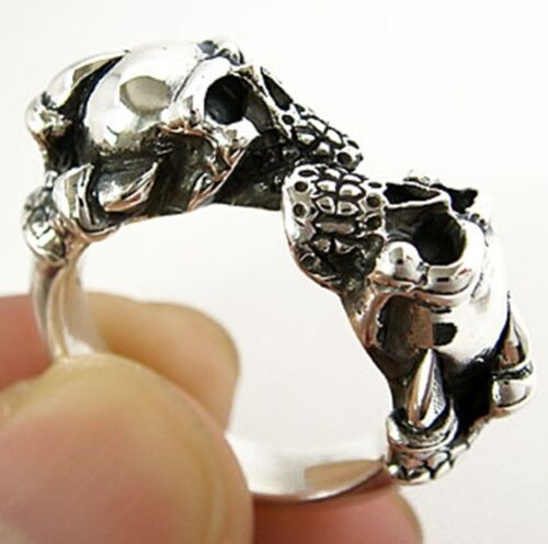 HEAVY DOUBLE SKULL CLAW STERLING 925 SILVER RING