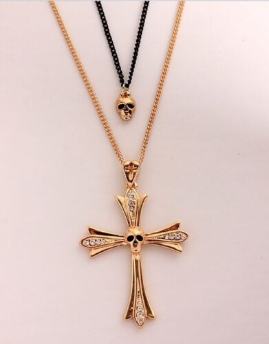 Sparkling Unisex Punk Skull Cross Pendant Gold CZ Double Chain Necklace