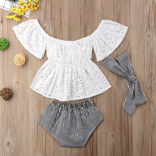 UK 3Pcs Newborn Baby Girl Summer Lace Tops Striped Shorts Briefs Outfits Clothes