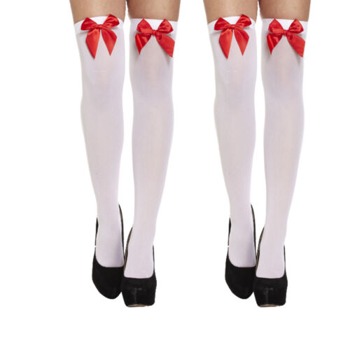2X Ladies Over The Knee Hold Up Stockings Socks Thigh High White With Red Bow