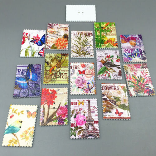 DIY Stamp Wooden Buttons Flowers Butterflies bird Tower Sewing Scrapbooking 40mm 
