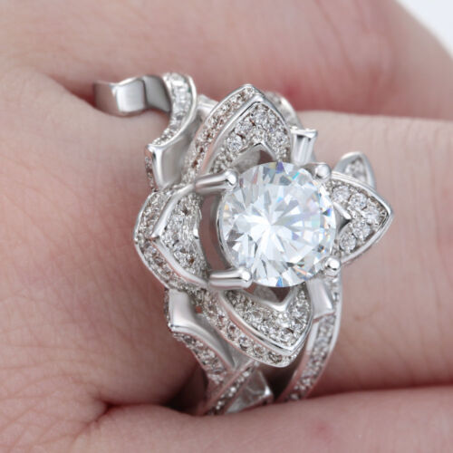 or Fleur de Lotus Blanc Topaz Ring Set de mariage bijoux Fashion Femmes 925 Argent 