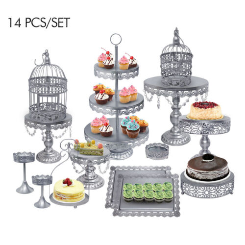14pc Lace Crystal Wedding Cake Stand Set Silver Metal Cupcake Tower Holder Plate