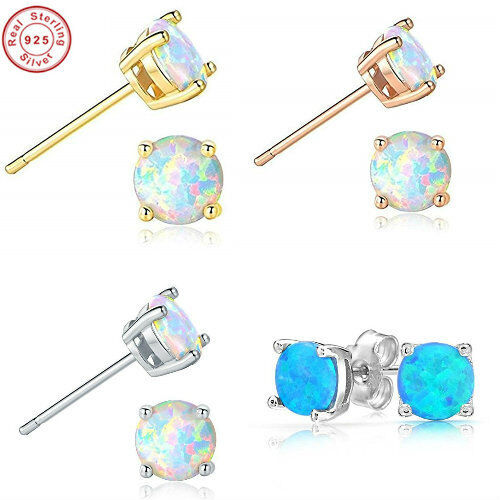 Round White Fire Opal 925 Sterling silver stud post earrings 5mm Made in USA