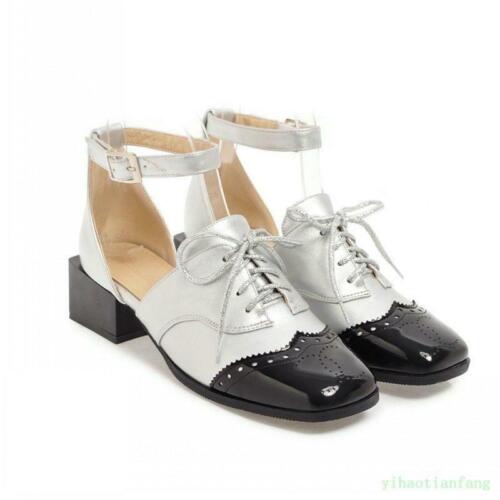 Women Ankle Strap Lace Up Chunky Patent Leather Buckle Wing Tip Square Toe Shoes