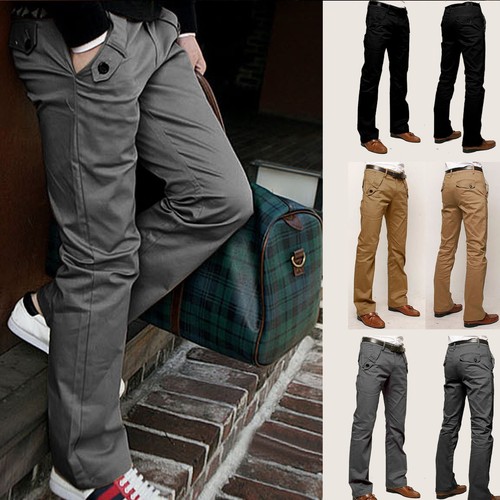 Men Casual Long Pants Slim Formal Chinos Khakis Straight Business Smart Trousers