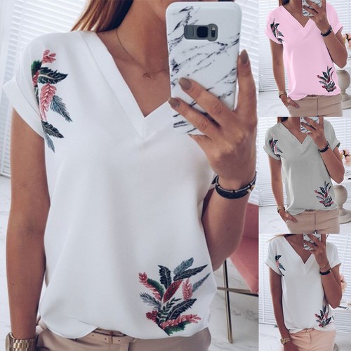 UK Womens Ladies Floral Summer Loose Tops Short Sleeve Blouse T Shirt Size 6-18