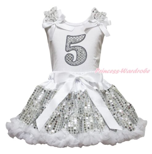 Birthday 1ST 2ND 3RD 4TH 5TH 6TH White Top Girls Bling Sequin Skirt Outfit 1-8Y